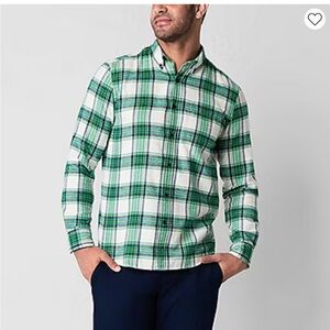 NWT St. John's Bay Green &White Plaid Button-Down Shirt Size Large